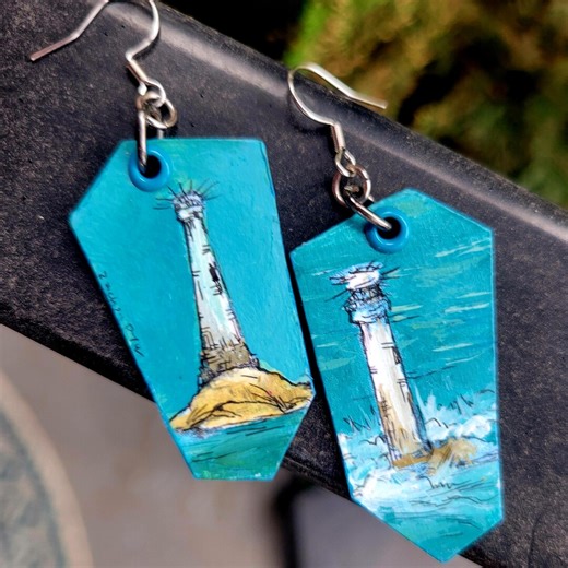 Wolf Rock Lighthouse - Hand-painted Nautical England Themed Charm Earrings - Etsy