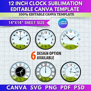 6x 12inch Clock Sublimation Template | Round Wall Clock Canva Editable Design | Drag & Drop Custom Clock Template for Home Decor - Etsy