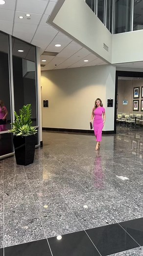 Stylish Office Walk in a Bright Pink Dress