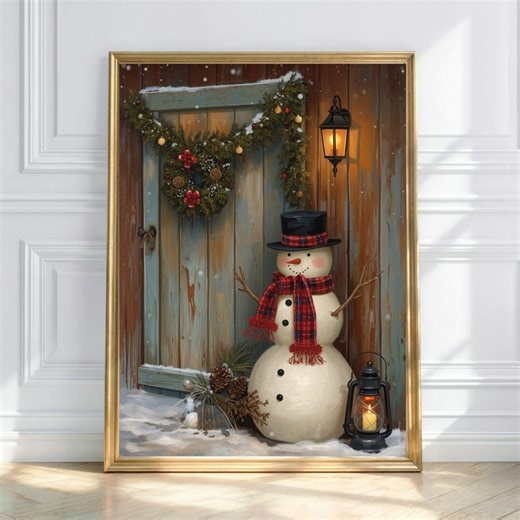 Vintage Winter Snowman Scene Print - Etsy