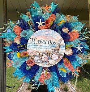 Beach Theme Mesh Wreath 24” Blue/aqua/coral Colored Mesh - Etsy