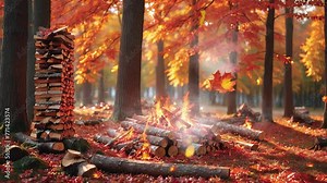 Experience the rustic charm of fall with a 4k looping video background showcasing a stack of firewood nestled in an autumnal forest.