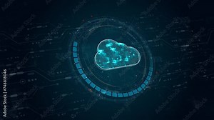 Motion graphic of Blue digital cloud computing logo and circle futuristic HUD elements with flowing arrows storage big data backup concepts on abstract background