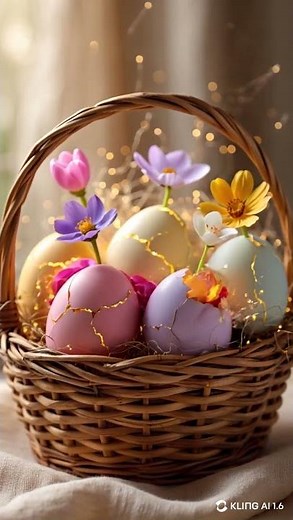 Flowers hatching blooming from golden easter eggs Made with Kling AI