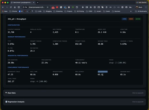 How Fast is Gemma 4 on a MacBook Pro M4? Benchmarking Google's new MoE (26B-A4B)> Model size: 26.1 GiB> Load time: ~4.2s Comparing single request VS> concurrent requests performance> 32k total context, 4 parallel slots single request behavior> TTFT: 5.68s > prompt: 3,701 tokens @ 652 tok/s > decode: 40.08 tok/s sequential (1 request at a time): > avg duration: 20.5s > p99: 22.1s > throughput: 40.11 tok/s > clean finishes: 100% concurrent (4 parallel requests): > aggregate throughput: 47.25 tok/s