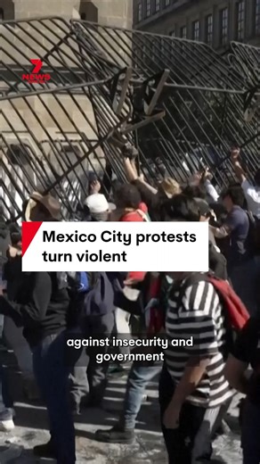 A large protest against insecurity and government corruption turned violent in Mexico City as demonstrators clashed with riot police outside the National Palace. #mexicocity #mexico #protest #police #corruption | 7NEWS Sydney