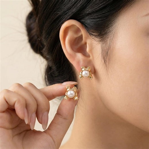 Whimsical Frog Pearl Stud Earrings, Sterling Silver Cute Minimal Jewelry - Etsy