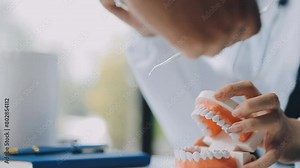 Dentist sitting at table with jaw samples tooth model and working with tablet and laptop in dental office professional dental clinic. medical doctor working