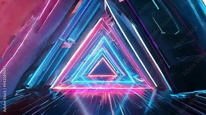 A vivid display of neon triangles radiates colorful light in a futuristic digital environment, conveying a sense of depth and motion.