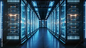 Super computer and quantum server rack in Data center control room. Generetive AI