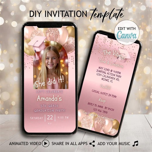 Rose Gold 5th 6th 7th 8th Grade Graduation Party Invitation Kid Middle School Grad Invite DIY Grad Announcement Flyer Elementary Video Evite - Etsy Canada