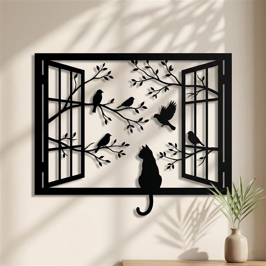 Cat and Birds Window Metal Wall Art, Kitty on Window Sill Decor, Nature Wall Hanging, Metal Sign Art - Etsy