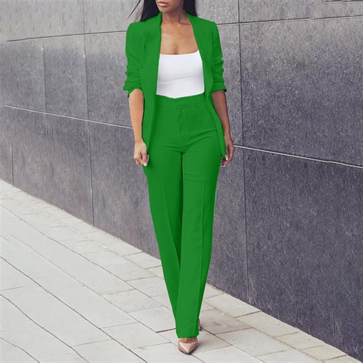 Women's 2 Piece Suit Set, Open Front Blazer and Slim Fit Pants, Lightweight Business Suits for Women, Office Wear, Wedding Guest Outfit and Professional Attire-Light Green