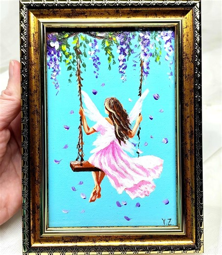 Angel Oil Painting Original Framed Guardian Angel on a Swing Artwork Religious Art - Etsy