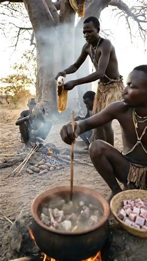 Big Feast! Hadzabe Tribe Eating Meat with Wild Honey 🍯🔥 | Primitive African Cooking