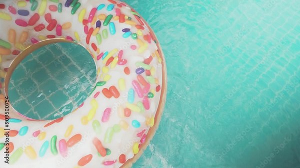 A donut float in a pool with sprinkles. The sprinkles are in different colors and sizes