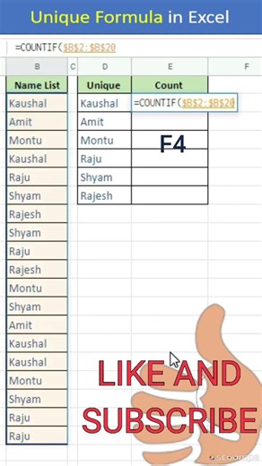 UNIQUE AND COUNT IF Formula in Excel #excel #excelformula #exceltips #exceltricks #msoffice