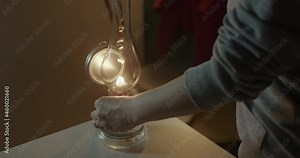 Putting off Camping Gas Lantern with Ancient Glass Lamp and Burning Mantle for Lighting and Heating Stock Video