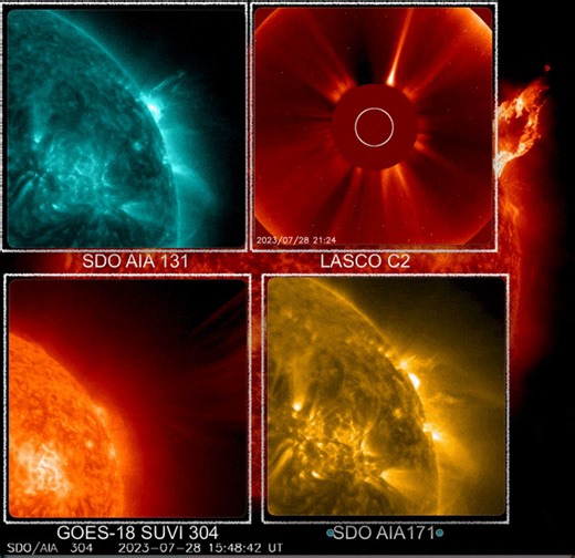 A huge eruption took place on the northwest limb (edge) from the now departed region AR3372. Because the region was partially blocked by the sun, it was most certainly larger than an M4.1! It also launched a beautiful coronal mass ejection (CME) and produced a solar particle storm. But don't worry, the CME is not Earth-directed. In addition, a filament erupted in the northeast yesterday. The dark material ejected indicates that the erupting material was cooler than its surrounding. The event is 