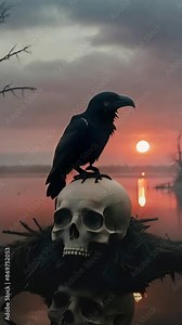Vertical Raven on Human Skull Dark Landscape 4K Loop features an A.I. generated video of a raven perched on a human skull in a swampy desolate landscape at sunset in a vertical ratio loop.