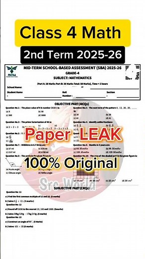 Class 4 Math paper 2nd term 2025 sba 4th class math paper mid term 2025