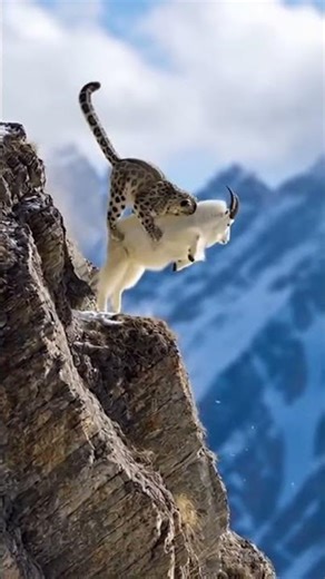 Snow Leopard’s Cliff Leap at the Mountain Goat Ultimate wild Chase #MountainGoat #cliffjump #Shorts