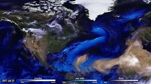 How does NASA know what’s blowing in the wind? Scientists track tiny aerosol particles like dust, smoke, and sea salt by combining satellite data with mathematical models of the atmosphere. This visualization of the 2017 hurricane season follows smoke from the Pacific Northwest all the way to Europe and dust from the Sahara traveling west to the Americas. Sea salt gets whipped up into the air and concentrated into the winds of hurricanes, revealing the characteristic spiral shape. Hurricane rain
