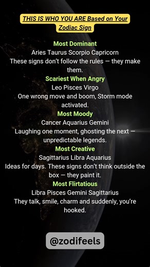 Discover the real personality behind every zodiac sign! From the most dominant and creative to the moodiest and most flirtatious, this guide reveals what truly defines you based on astrology. Find your sign and see where you stand in the zodiac world. --- Keywords (100 ): Zodiac signs, astrology, dominant zodiac signs, creative zodiac, moody zodiac, flirtatious zodiac, scariest signs, Aries traits, Taurus traits, Scorpio traits, Capricorn personality, Leo anger, Pisces mood, Virgo temper, Cancer