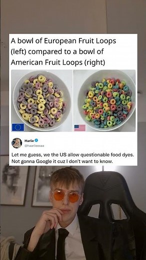 A bowl of European Fruit Loops (left) compared to a bowl of American Fruit Loops (right)