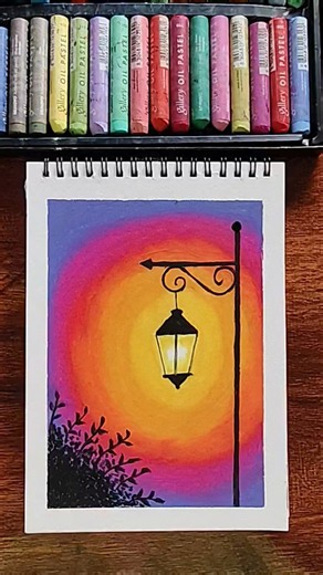 Beautiful Sunset Lamp Post Drawing 🌅 | Oil Pastel Drawing #shorts