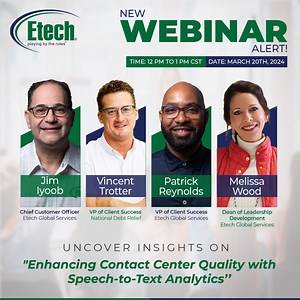 11 reactions | Step into the future of excellence with Etech Global Services at our webinar on March 20th and witness the compelling reasons behind our prestigious title as the BPO of The Year. Explore our unrivaled strategies, cutting-edge technologies, and pioneering solutions that have propelled us to the forefront of the industry. Register for FREE - https://bit.ly/3SJyA1F . #AI #Webinar #speechanalytics | Etech | Facebook