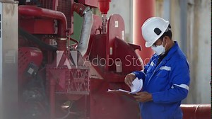 Engineer weekly check of Engine Fire Pump ensures safety and reliability in the industrial plant. Meticulously recorded in the logbook for availability. Safety and working concept in industrial plant
