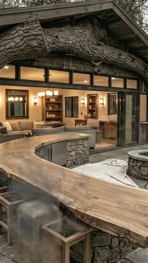 Rustic Outdoor Bar with Live Edge Wood Countertop & Tree Trunk Arch _ Dream Backyard Ideas