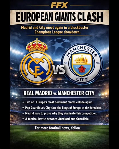 Caption: Real Madrid vs Manchester City tonight. Another massive Champions League battle between two of Europe’s biggest clubs. Who wins? #realmadridfans #mancity #ucl #championsleague #football @Champions League @Manchester City @Real Madrid C.F.
