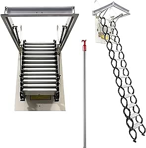 Attic Ceiling Ladder Attic Ceiling Pull Down Ladder Ceiling Retractable Ladder 13 Steps 10.5 Feet Height Al-Mg Folding Loft Ladder Stairs 660LB Loading Capacity Hidden Ceiling Folding Ladder