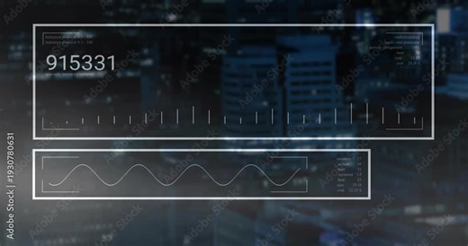 Two frosted panels showing numbers appearing, bars shifting, waveform oscillating, visualizing data