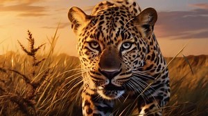 Closeup of a big leopard in the savannah