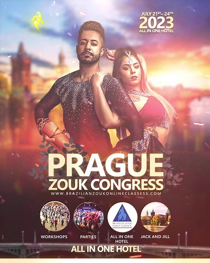 Prague Zouk congress 2023 ✅️Everything in one LOCATION ✅️3 days of Parties ✅️2 days of Workshop ✅️Jack & jill Competition ✅️Amazing Teachers ✅️Carlos & Fernanda Counterbalance training course ✅️Welcome Dinner (limited spaces so guarantee your ticket) ✅️Pre-party on Thursday ✅️A lot of dancing ✅️Fun and much more... Artist Confirmed - 🫳 Val & Vanessa - 🫳 Lucas & Thayna - 🫳 Kadu & Carolina - 🫳 Freddy & Andressa - 🫳 Pedrinho & Linda - 🫳 Renato Veroneze & Ania - 🫳 Carlos & Fernanda - 🫳 Rafae