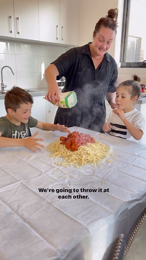 So I wanted to do that viral, tiktok ‘spaghetti table dump’ trend but the kids thought I was doing some other food fight trend I’m not aware of. Really took the shine off my carefree, cool mum approach when I had to spend the entire dinner begging them not to chuck it at each other. | Adele Barbaro