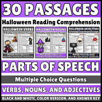 30 Halloween Parts of Speech Reading Comprehension Passage BUNDLE for 1st Grade
