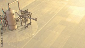 3D Rendered Holographic Animated Scene Of Oil Refinery Plant Equipped With Pipes And Tanks.