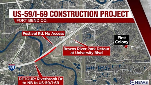 New lane closures on US-59 in Sugar Land for Brazos River Bridge project; drivers urged to expect delays