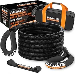 ALL-TOP Kinetic Recovery Rope, 48000Lbs, 1in x 20ft, Heavy Duty 30+% Elasticity, 16000Lbs Work Load Limit for 4x4 Offroad Vehicle
