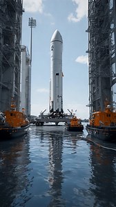 A SpaceX rocket is transported on a floating platform, flanked by autonomous tugboats, as it moves through a launch facility’s waterway #space #science #earth #BOOMchallenge #NASA #hubble #JWST #SpaceX #science #fact #solarsystem #cosmos | Space AstroVision