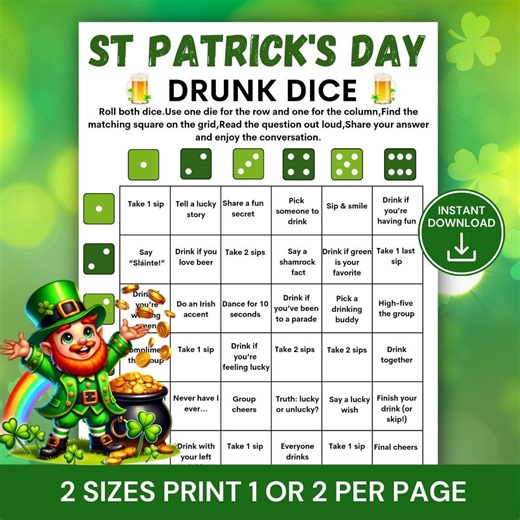 St. Patrick’s Day Drunk Dice Game, St Paddy’s Drinking Dice Party Game, Printable Irish Drinking Game, Adult Holiday Game Night - Etsy