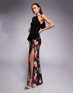 AFRM built-in hotpant thigh split maxi skirt in black summer rose | ASOS