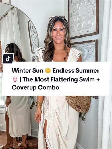 Winter Sun 🌞 Endless Summer 👙 | The Most Flattering Swim Coverup Combo Winter outside, summer energy within. 🌞 Bringing sunshine wherever I go — because summer is a mindset, not a season. This bathing suit lace-trim coverup from @flaxmaker @flaxmaker_swim is SO flattering. The one-piece smooths and supports in all the right places, and this neutral coverup with the slit detail? Effortless, feminine, and resort-ready. Perfect for: • Winter getaways • Spring break • Beach vacations • Pool days 