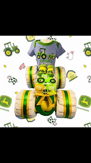 🚜 John Deere Tractor Diaper Cake 🚜 Ingredients:80 diapers, John Deere Baby Booties, John Deere Onesie, Cloud Island Burping Blankets, Munchkin Deluxe Dishwasher Basket, 2 Pacifier, Tractor Teether, and Customized Painted Letter of Baby Name 🚜💚💛#tampaflorida #tampafl #lakelandfl #pascocounty #hillsboroughcounty #tractordiapercake #johndeerediapercake@John Deere #tampa #babycustomgift #babyuniquegift #riverviewfl #plantcityfl #sarasotafl #babyshowergift #perfectbabygift #florida