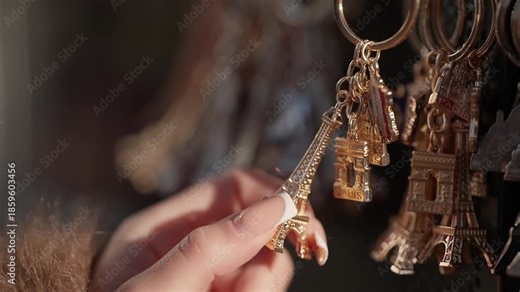 Handheld shot of a woman's hand selecting a golden Eiffel Tower keychain souvenir in Paris France The clip showcases tourism and travel in the city of love.