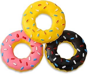 ADUCK Dog Squeaky Chew Toys for Aggressive Chewers, Small Medium Large Dogs Fetch Teeth Cleaning Water Pool Float Indoor Outside Toys-Nontoxic Soft Rubber, Crystal Donut Design-4.92" Pack of 4